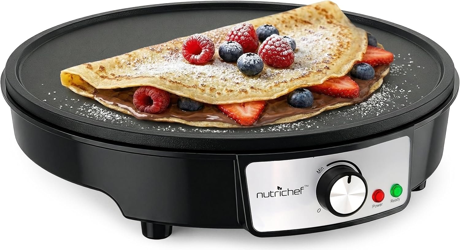 Nutrichef Electric Crepe Maker & Griddle Cooktop – Nonstick 12 Inch Aluminum Hot Plate with LED Indicator Lights & Adjustable Temperature Control – Wooden Spatula & Batter Spreader Included