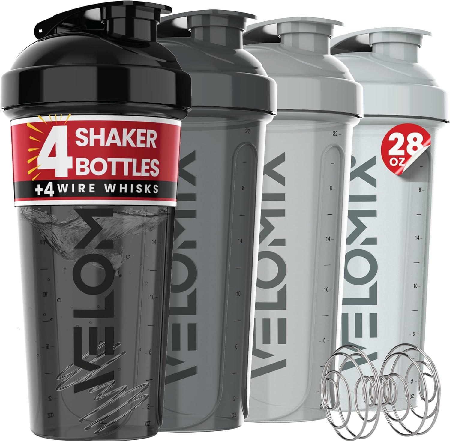 VELOMIX -4 Pack- 28 oz Protein Shaker Bottles for Protein Mixes – 4x Wire Whisk | Leak Proof Shaker Cups for Protein Shakes | Stackable Protein Shaker Bottle Pack (A1) Silver Aurora