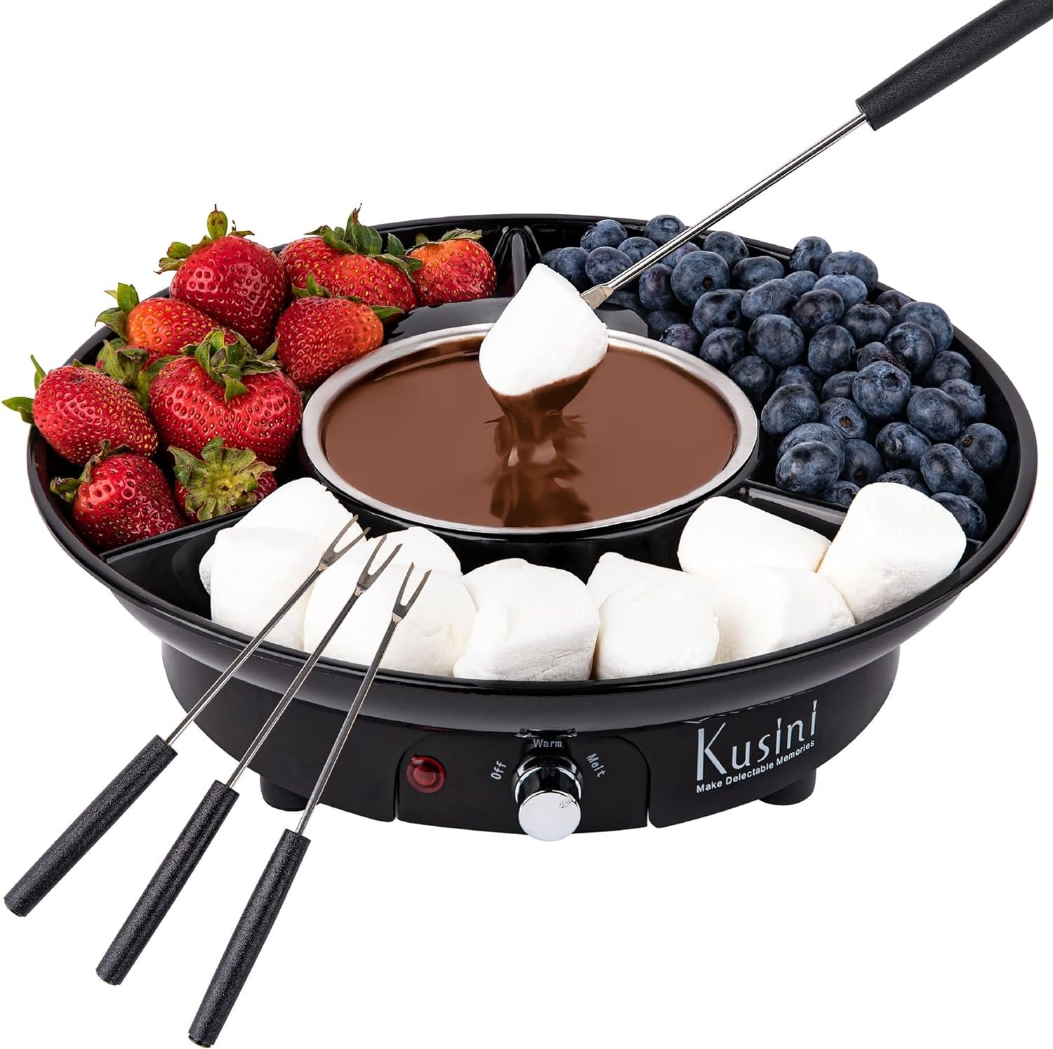 Kusini Electric Fondue Pot Set – Chocolate Fondue Kit – Temperature Control, Detachable Serving Trays, & 4 Roasting Forks – Gift Set & Date Night Idea. Serve at Movie Night or Game Night.