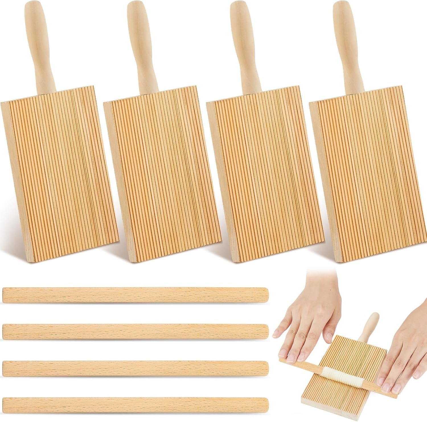 Tessco 4 Set Gnocchi Board Wood Pasta Board Beechwood 8.46 Inches with 4 Pieces Roller Gnocchi Paddle Pasta Making Tools for Homemade Kitchen Gift Ideas