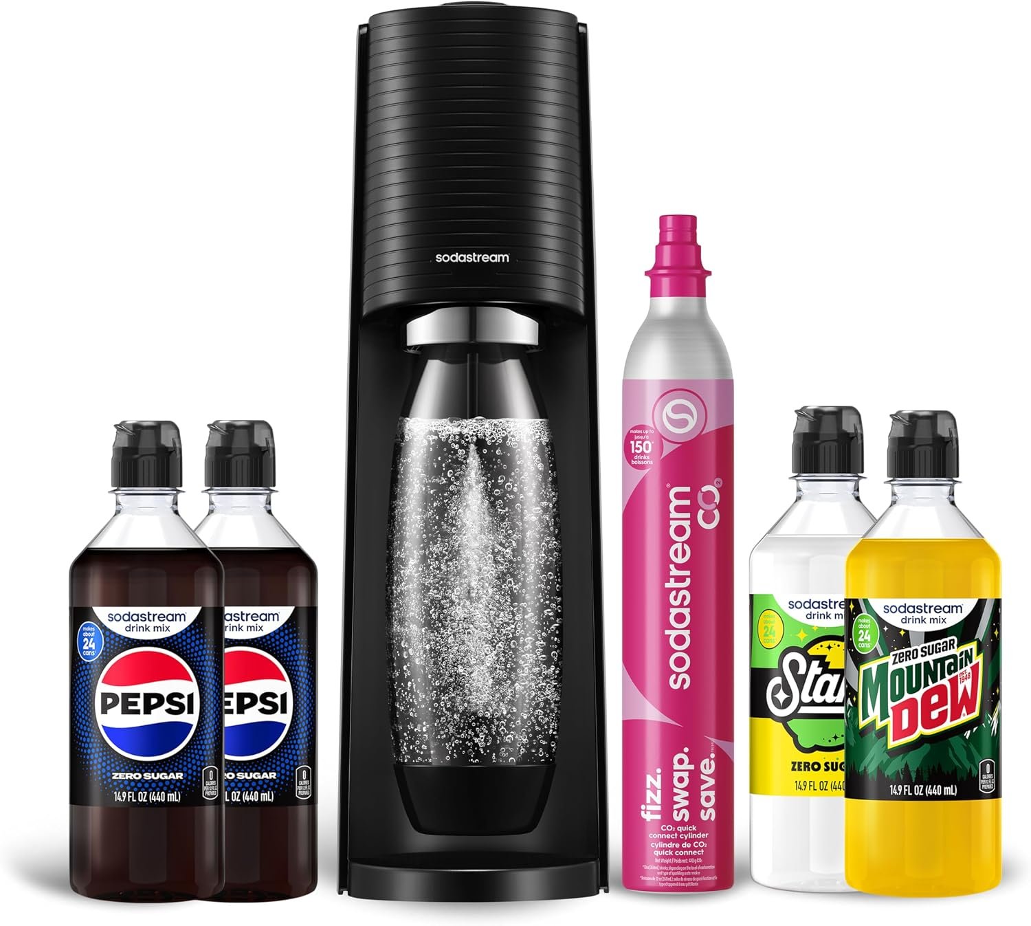 SodaStream Terra Sparkling Water Maker Bundle in Black – includes CO2, Carbonating Bottle, and Pepsi® Zero Sugar, Starry® Zero Sugar and MTN Dew® Zero Sugar 4-Flavor Variety Pack