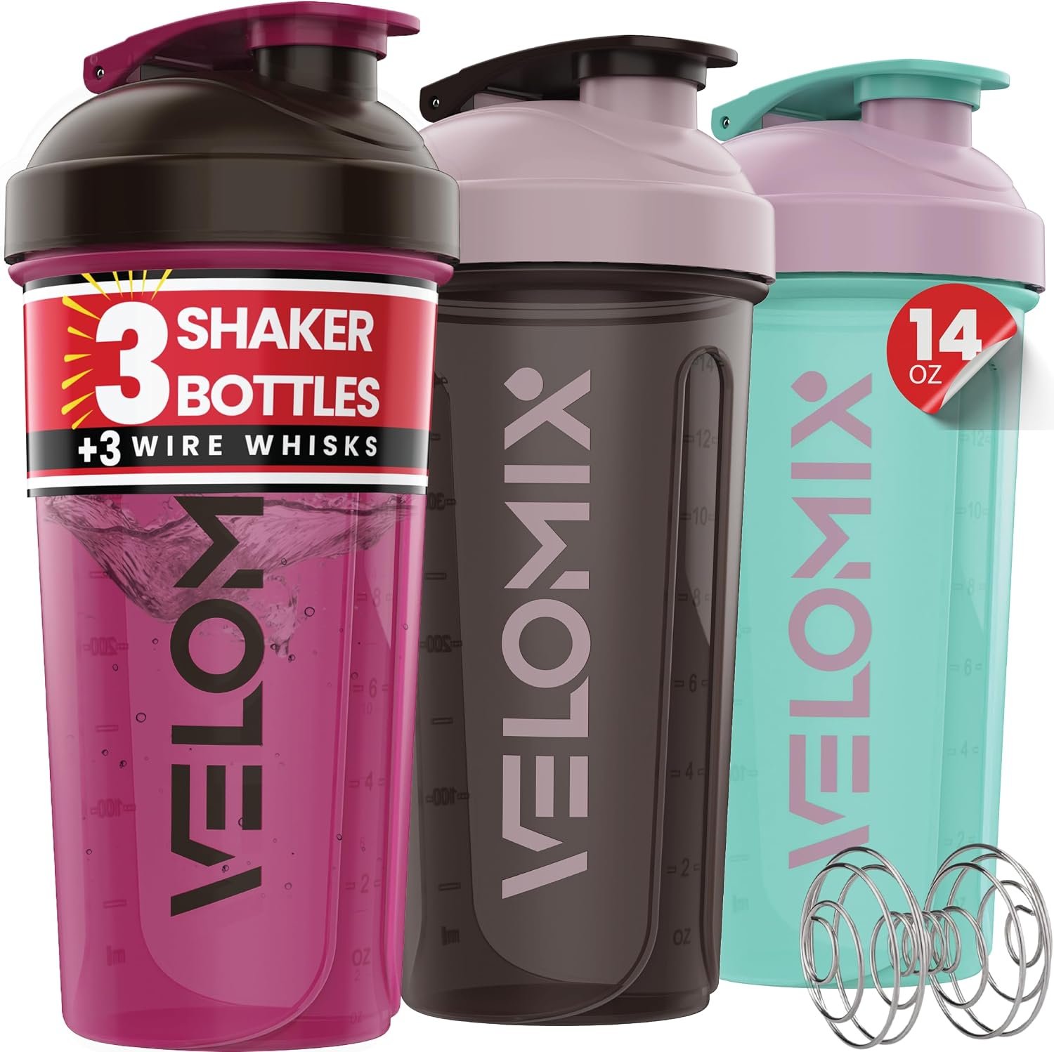 VELOMIX 3 Pack 14 oz Protein Shaker Bottle for Mixes – 3 Wire Whisk Balls | Stackable Leak Proof Cups | Dishwasher Safe, BPA-Free (Mixed Colors)