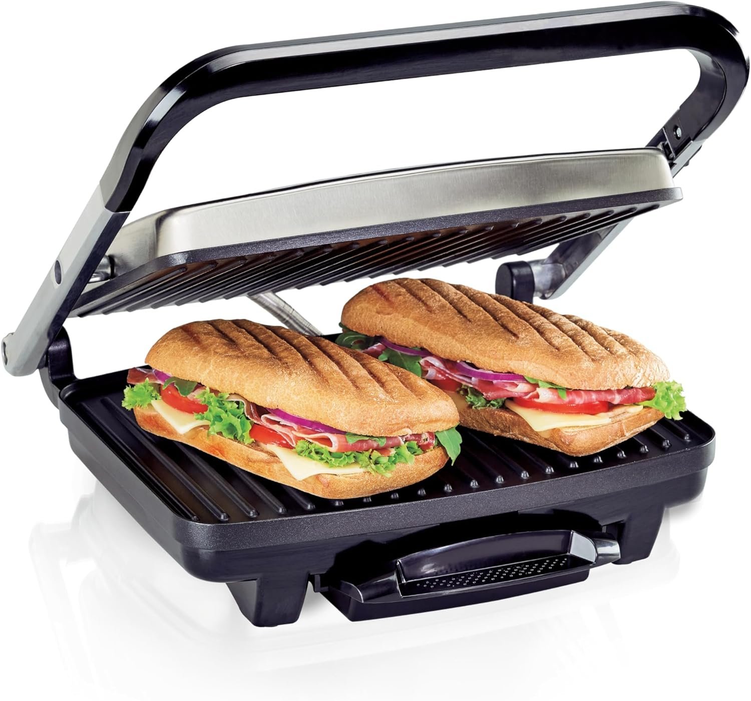 Hamilton Beach Panini Press, Sandwich Maker & Electric Indoor Grill | Floating Hinge Evenly Cooks Any Sandwich | Locking Lid | PFAS-Free Non-Stick 8″ x 10″ Grids | Stainless Steel