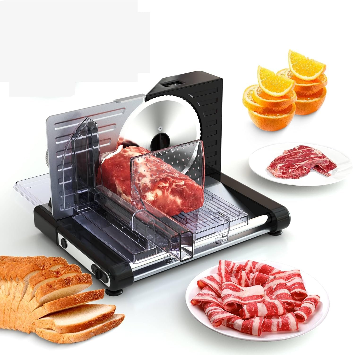 Meat Slicer Machine for Home, Foldable 120W Electric Jerky Food Slicer Adjustable 0-15mm Thickness for Frozen Deli Meat Cutter Cheese Bread Slicers, 7.5″ Stainless Steel Blade & Food Pusher for Safety