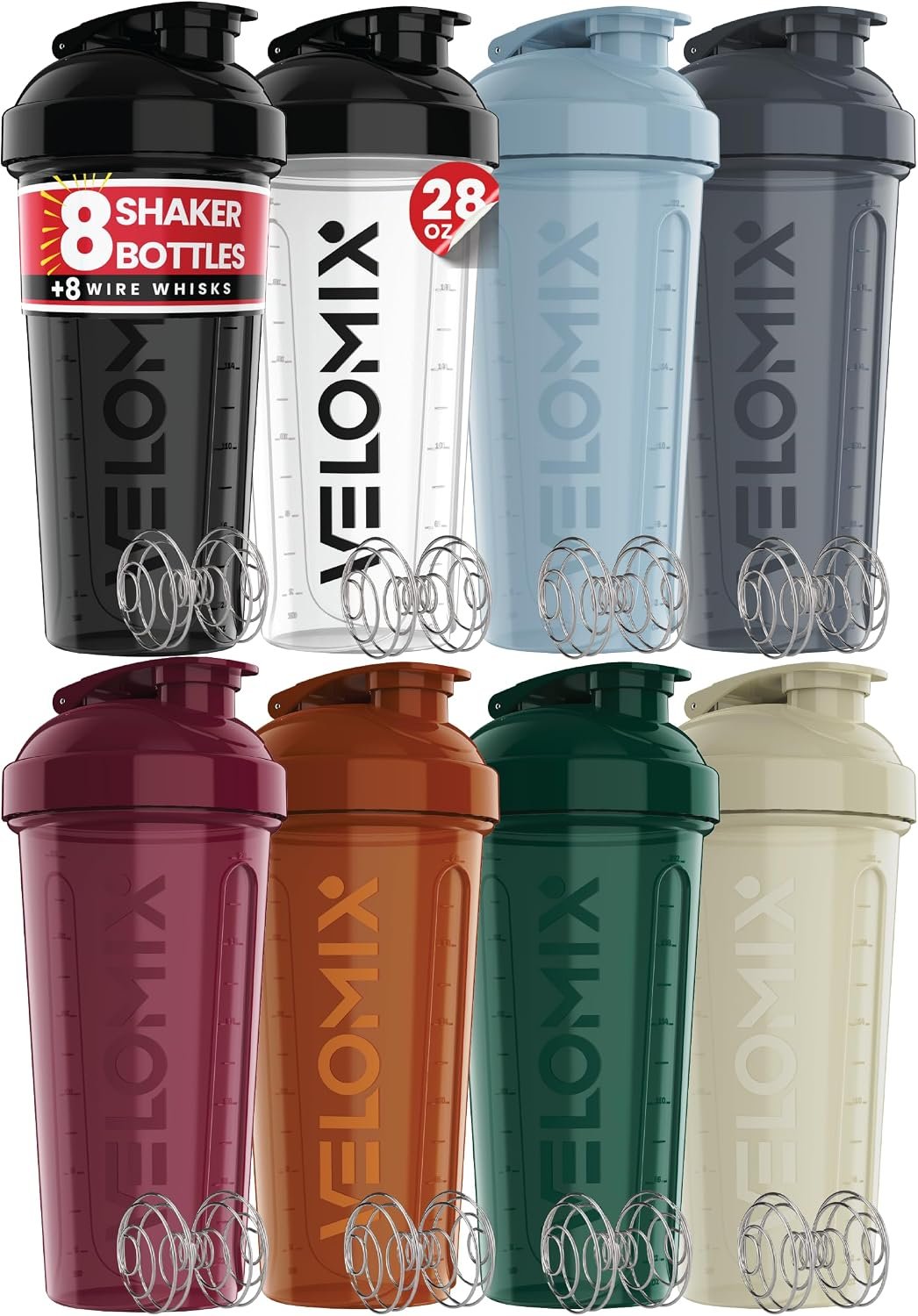 VELOMIX -8 PACK- 28 oz Protein Shaker Bottle for Protein Mixes – 8x Wire Whisk | Leak Proof Shaker Cups for Protein Shakes | Stackable Protein Shaker Bottle Pack | Dishwasher Safe