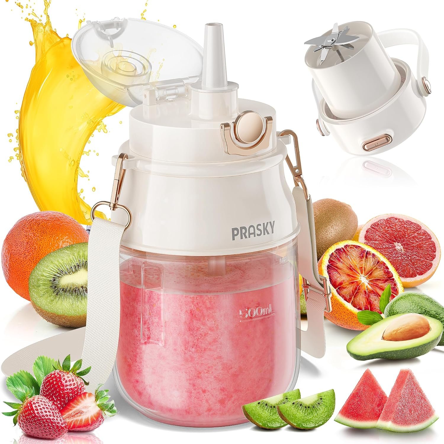 Portable Blender, Prasky Personal Blenders for Shakes and Smoothies with 27oz Cup, Lid and Shoulder Strap,Type-C USB Rechargeable, Personal Size Blenders BPA-free for Gym/Travel/Kitchen（White）