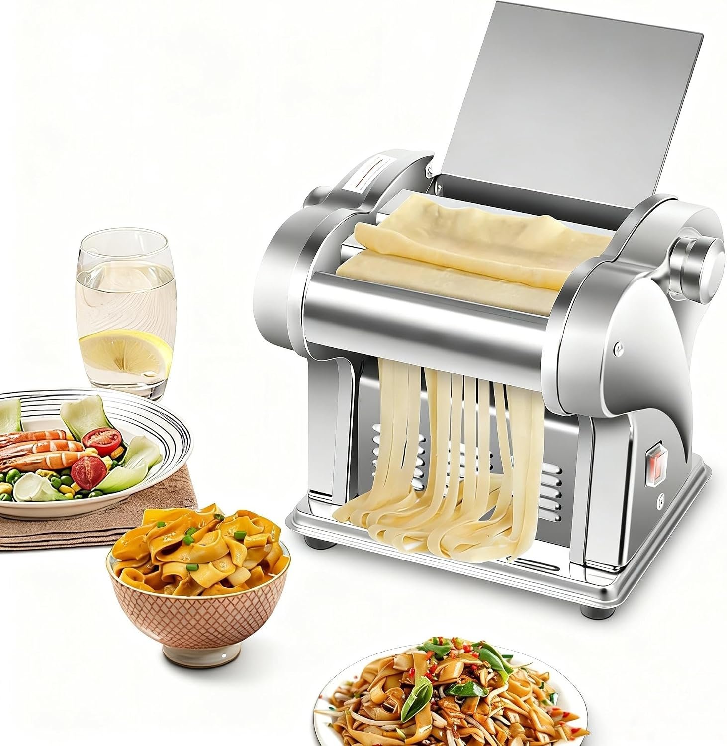 Electric Pasta Maker, 8 Adjustable Thickness Settings 2-in-1 Pasta Machine with Rollers and Cutter, Stainless Steel Noodle Pressing Machine 135W for Home Family Use