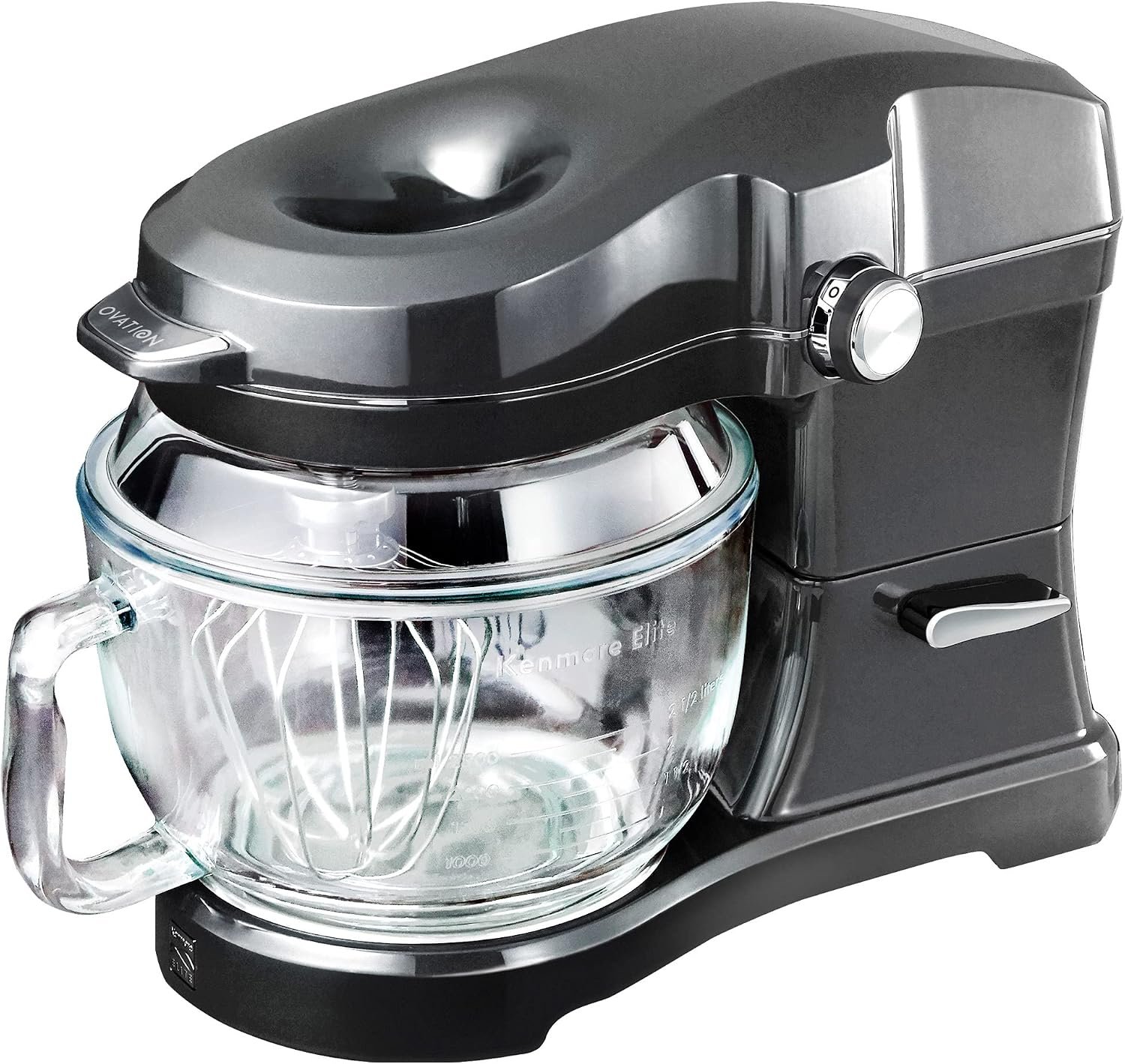 Kenmore Elite Ovation 5 Qt Stand Mixer, 500 Watts, with Revolutionary Pour-In Top, Tilt Head, Flat Beater, Whisk, Dough Hook, 360-degree Splash Guard, Glass Bowl, LED Light, Metallic Grey