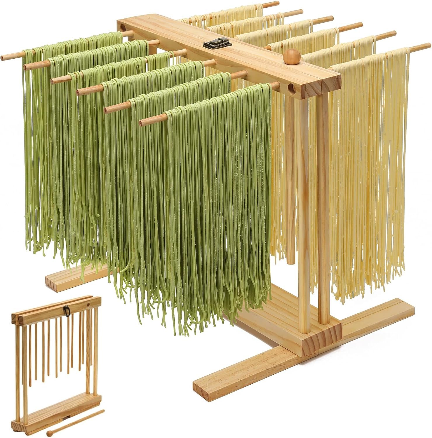 Collapsible Pasta Drying Rack, Wood Pasta Dryer Hanger Rack, Spaghetti Noodle Drying Hanging Rack Stand with 12 Bars and Transfer Wand, Foldable for Easy Storage