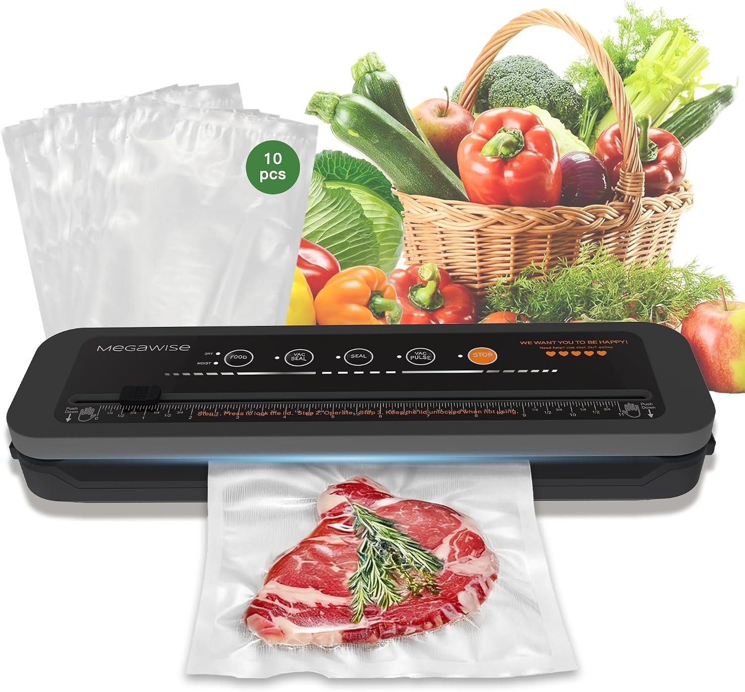 MegaWise Powerful and Compact Vacuum Sealer Machine One-Touch Automatic Food Sealer