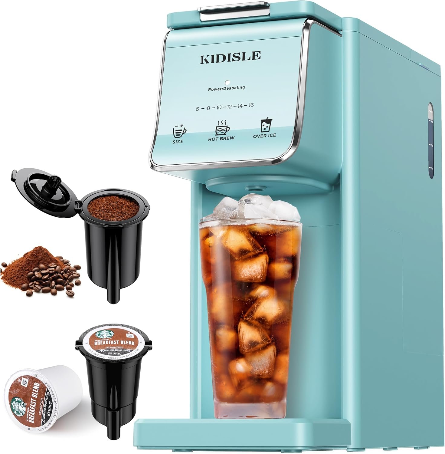 KIDISLE Single Serve Coffee Maker for K Cup & Ground Coffee – Hot & Iced, 6-16oz Sizes, 40oz Water Tank, Reusable Filter, Compact for Home Office Dorm, Blue