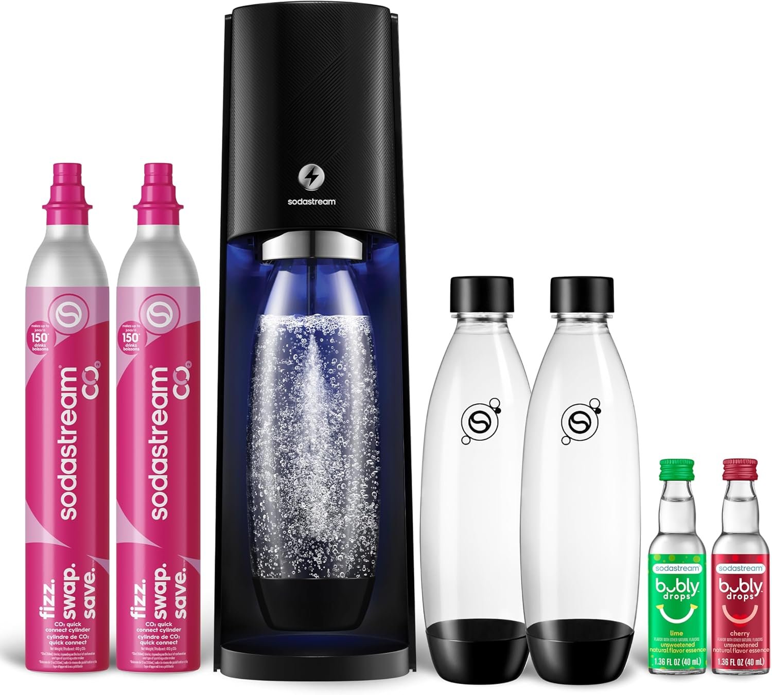 SodaStream – E-TERRA Soda Maker | VALUE BUNDLE | 3 Automatic Carbonation Levels | Includes 2x CO2 Cylinders, 3x 32 Fl Oz Dishwasher Safe Bottles, 2x Bubly Fruit Flavor Drops, 1x Power Adapter | Black