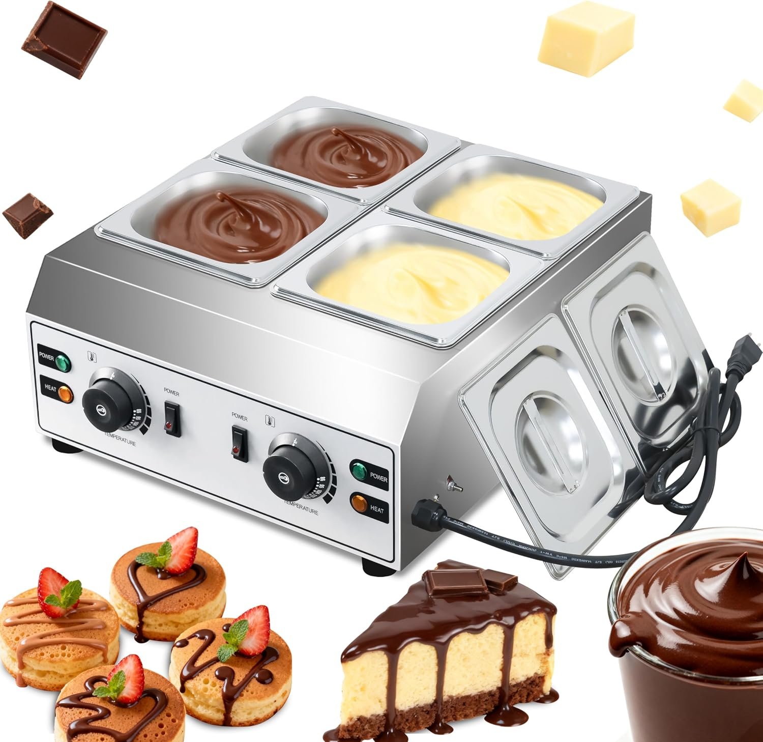 Chocolate Melting Pot 4-Tanks Commercial Chocolate Tempering Machine Chocolate Tempering Pot 2000W Electric Chocolate Melter Pot Chocolate Warmer for Milk Coffee Cheese