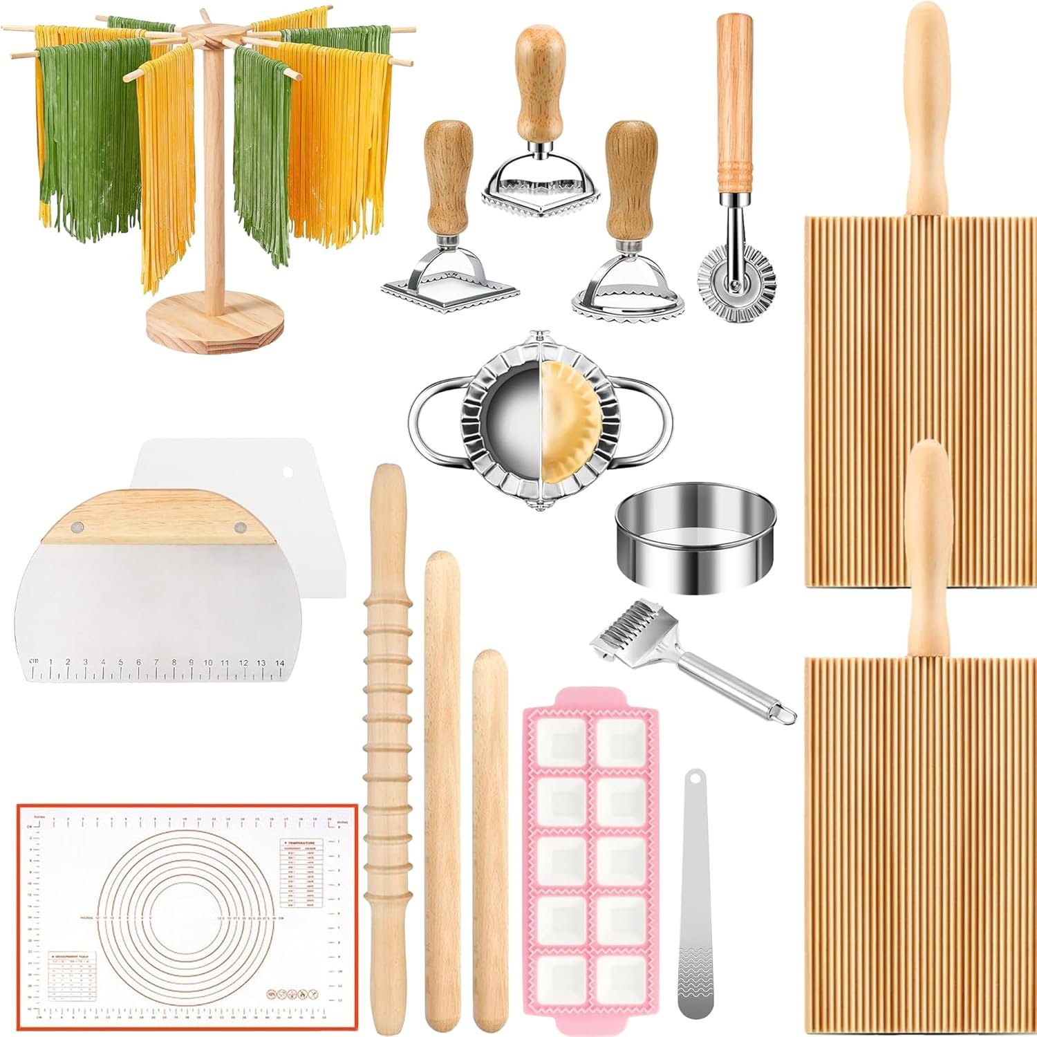 18 Pcs Pasta Making Tools Set, Homemade Pasta Making Kit Includes Ravioli Maker Mold, Gnocchi Board, Pasta Drying Rack, Red Pastry Mat and Rolling Pin for Beginners & Home Chefs