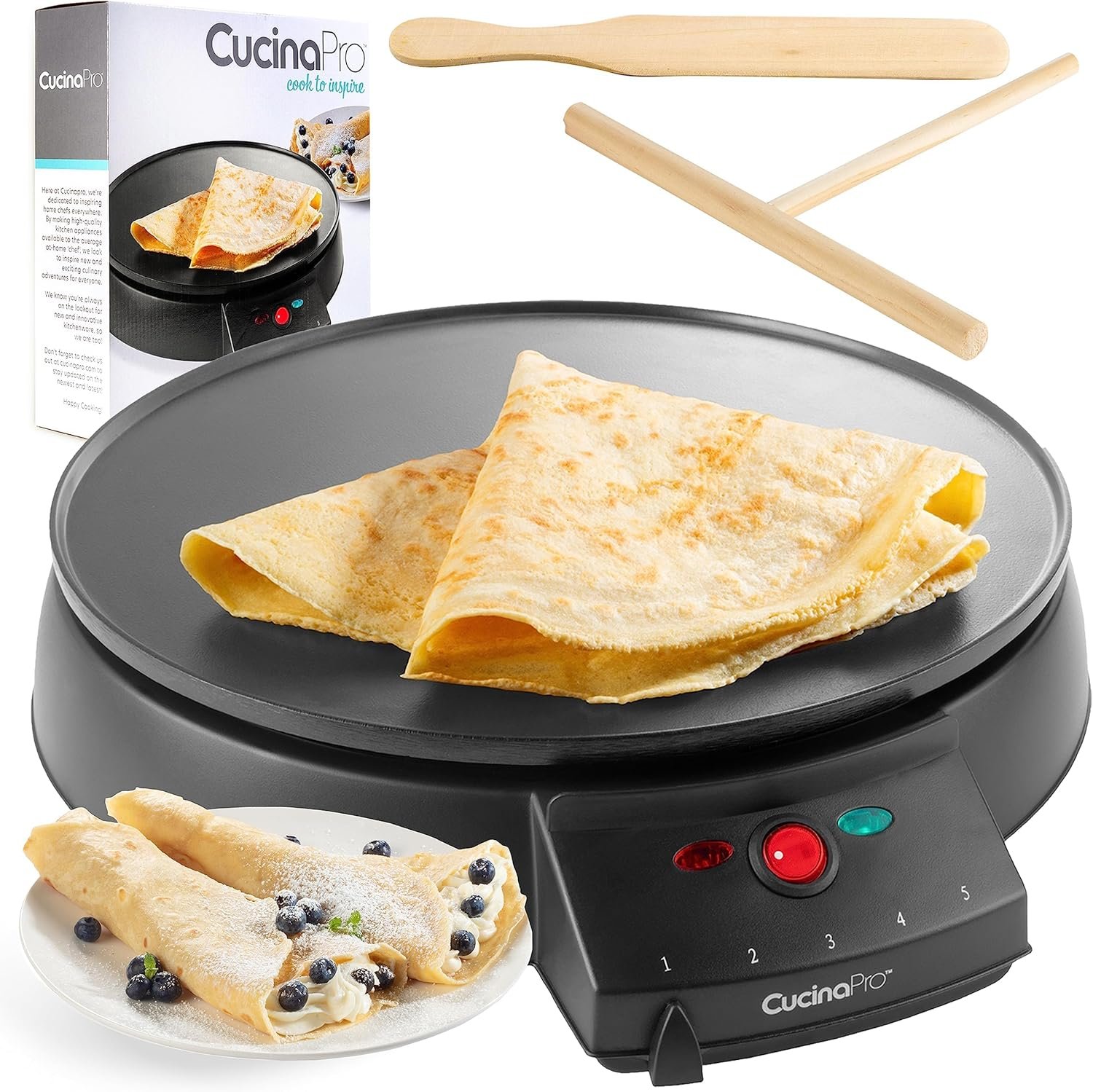 CucinaPro 12″ Crepe Maker, Non-Stick Electric Griddle Pan w Batter Spreader | Dual Use Hot Plate for Breakfast Brunch, Blintzes, Eggs, Pancakes- Portable, Adjustable Temp Settings, Includes Recipe Guide