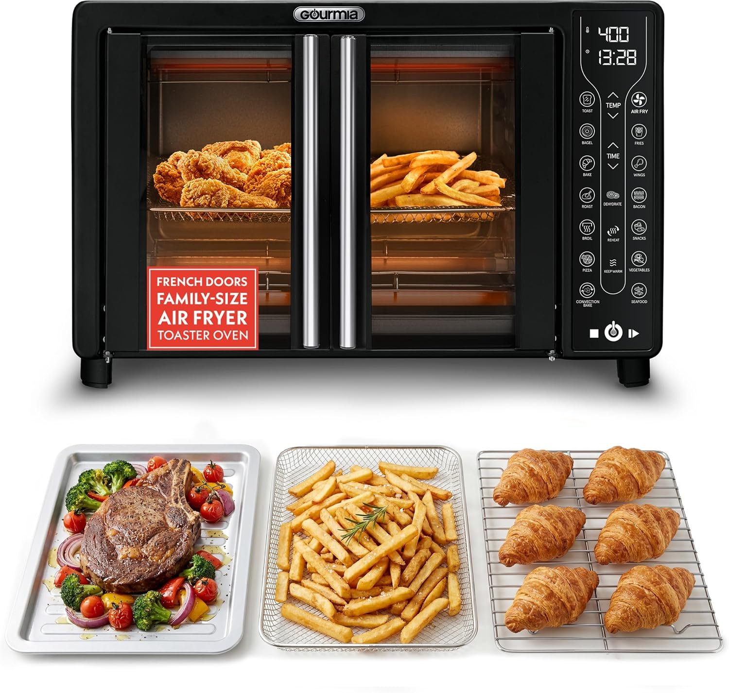 Gourmia French Door Air Fryer Toaster Oven – 6-Slice Capacity, FryForce 360°, Digital Display with 17 Cooking Presets, Black