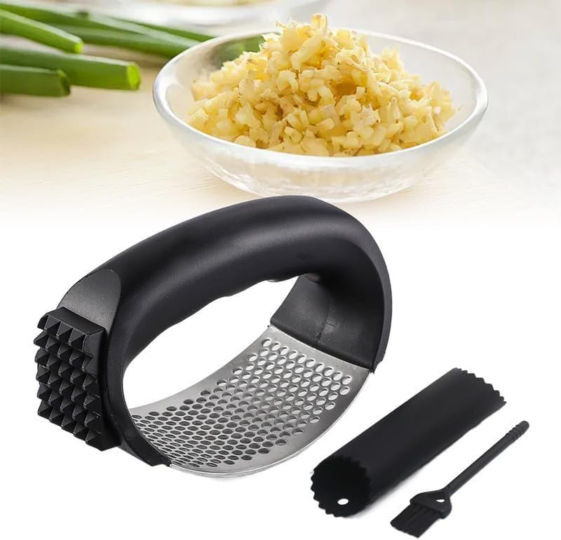 2026 New Upgraded Garlic Press Rocker, Stainless Steel Garlic Press, Garlic Crusher with Peeler and Cleaning Brush, Garlic Chopper for Crush Garlic Kitchen Gadgets (Black)