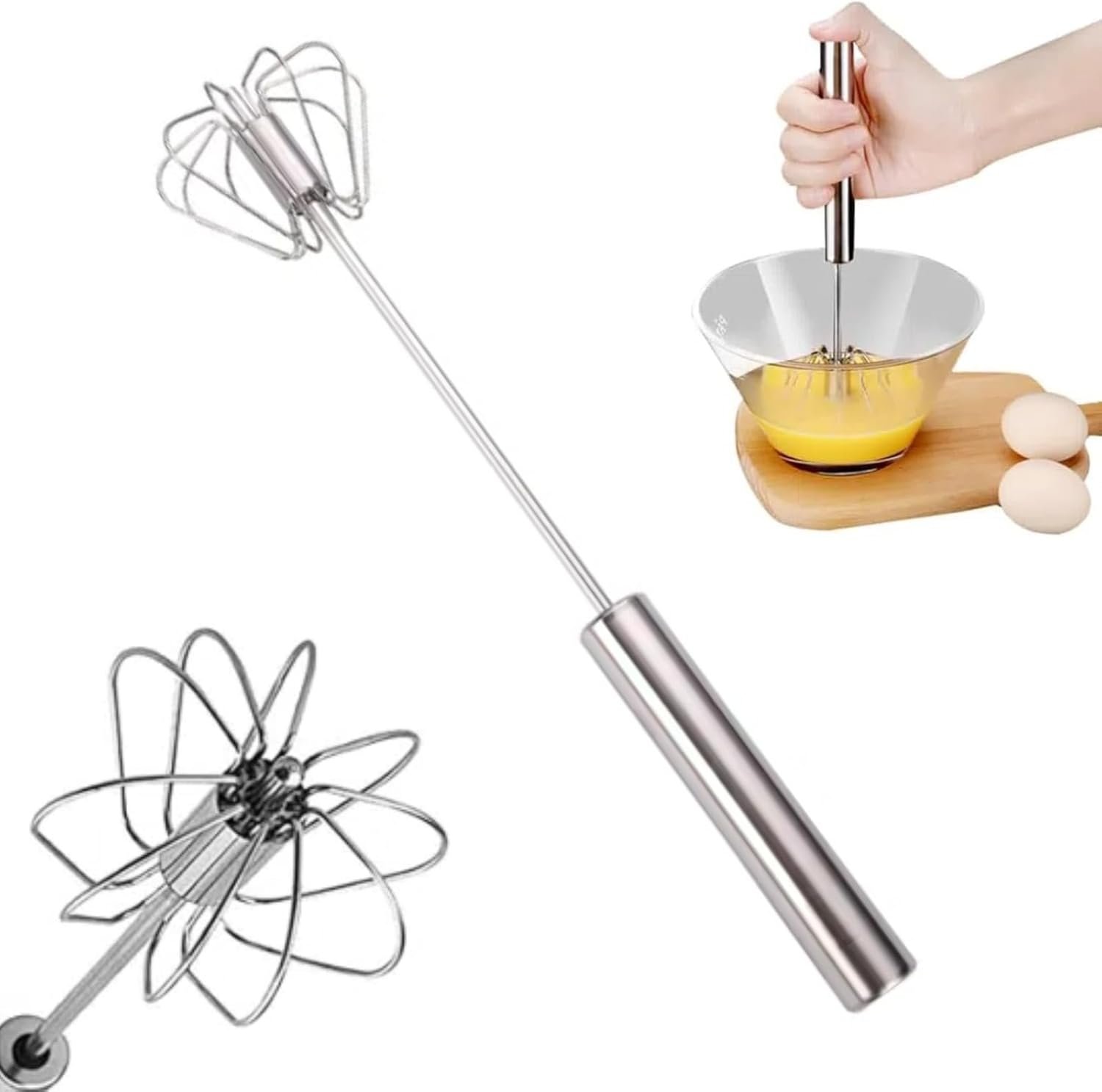 Semi-Automatic Egg Whisk, Upgraded Egg Whisk Hand Easy Push Rotary Whisk Blender, Stainless Steel Home Kitchen Tool for Blending, Whisking, Beating & Stirring (10 inch)