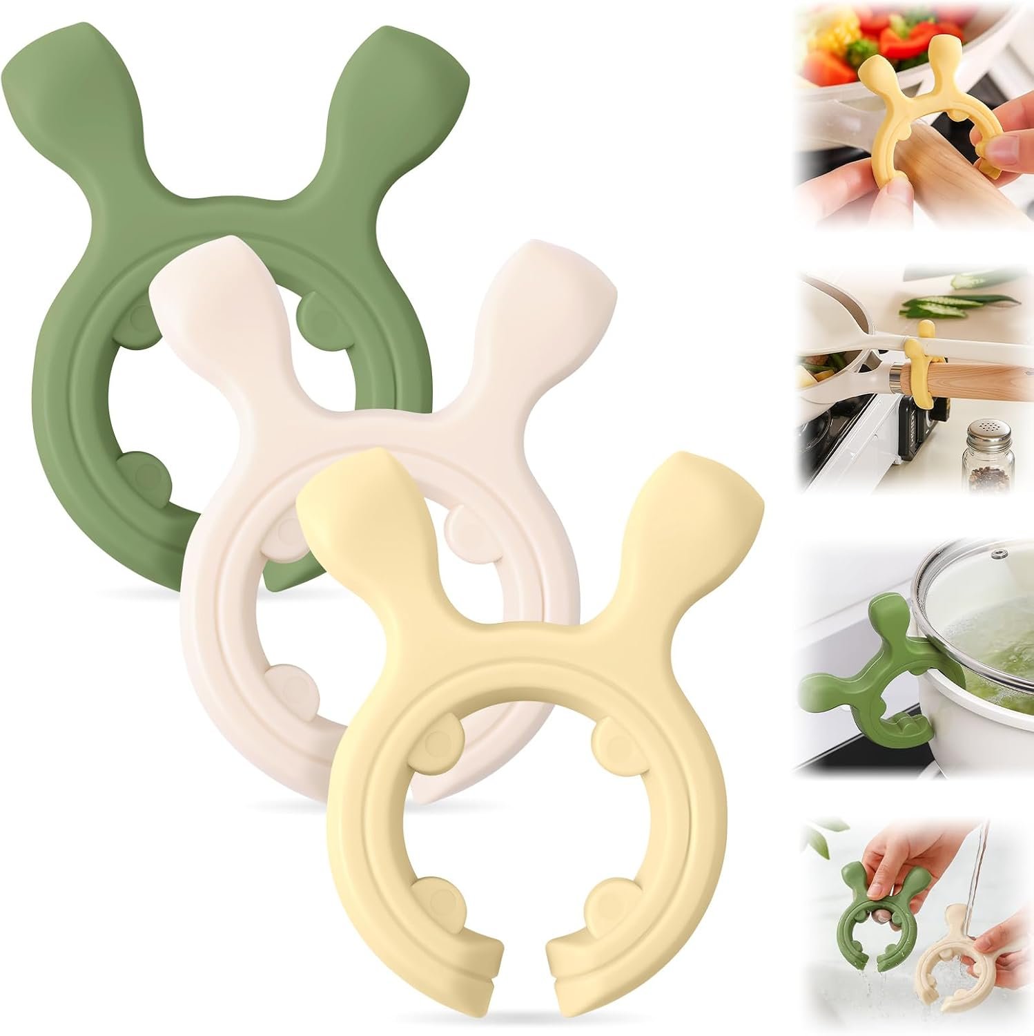 2026 New Multifunction Silicone Pot Handle Spatula Rack, 3 Pack Spatula Holder Mini Kitchen Gadgets, Non-Slip Anti Scalding Pot Clip, Drip-Free Design for Pot Pans (White + Green + Yellow)