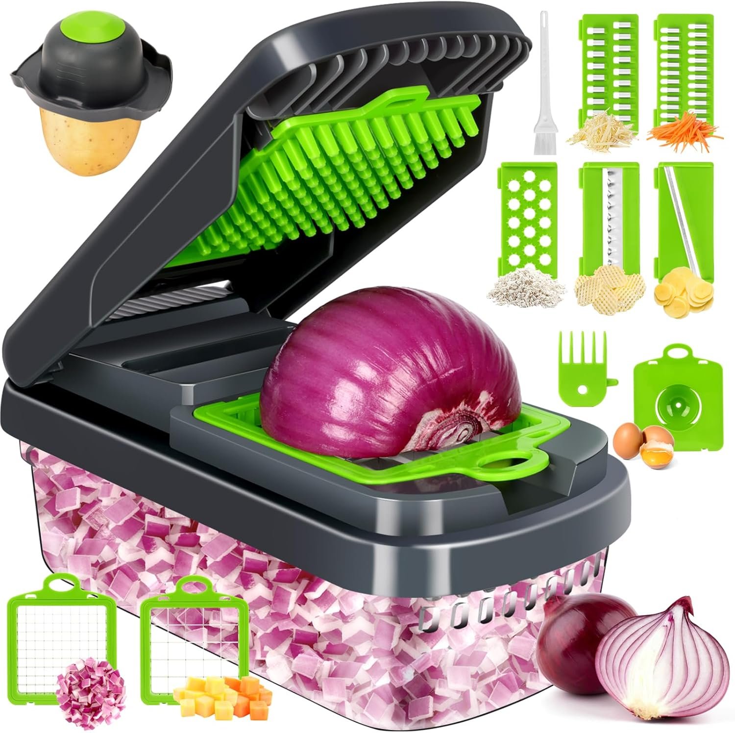 Yusshn Vegetable Chopper, 12-in-1 Food Veggie Chopper Cutter with Container | 7 Sharp Blades Dice, Slice, Shred and Grate for Salads, Onions and Meal Prep, with a Non-Slip Base and Drain Basket