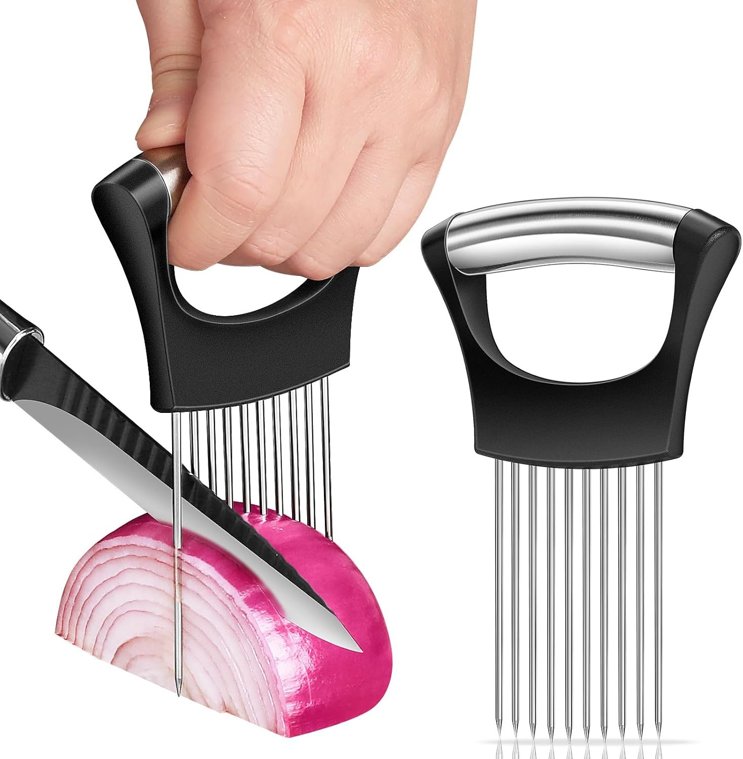 Premium Onion Slicer, Stainless Steel Onion Holder for Slicing, Kiwifruit, Tomatoes, Avocados, Eggs, Lemon, Meat, Potato, Third Generation Onion Cutter with Protective Cover