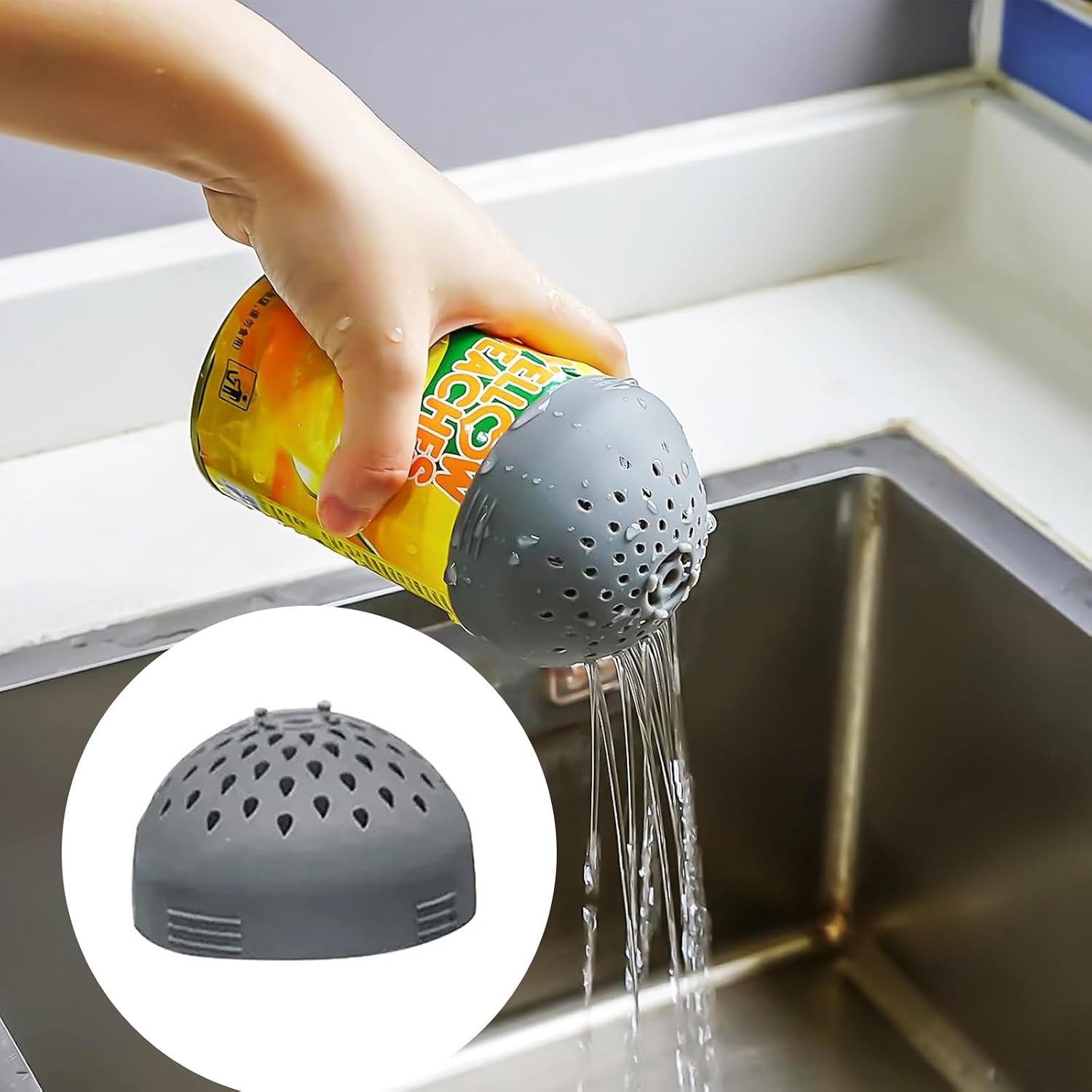 Silicone Can Strainer for Kitchen Use, Multipurpose Mini Colander and Food Drainer, Space-Saving Clip-On Strainer Tool for Cans (Gray)