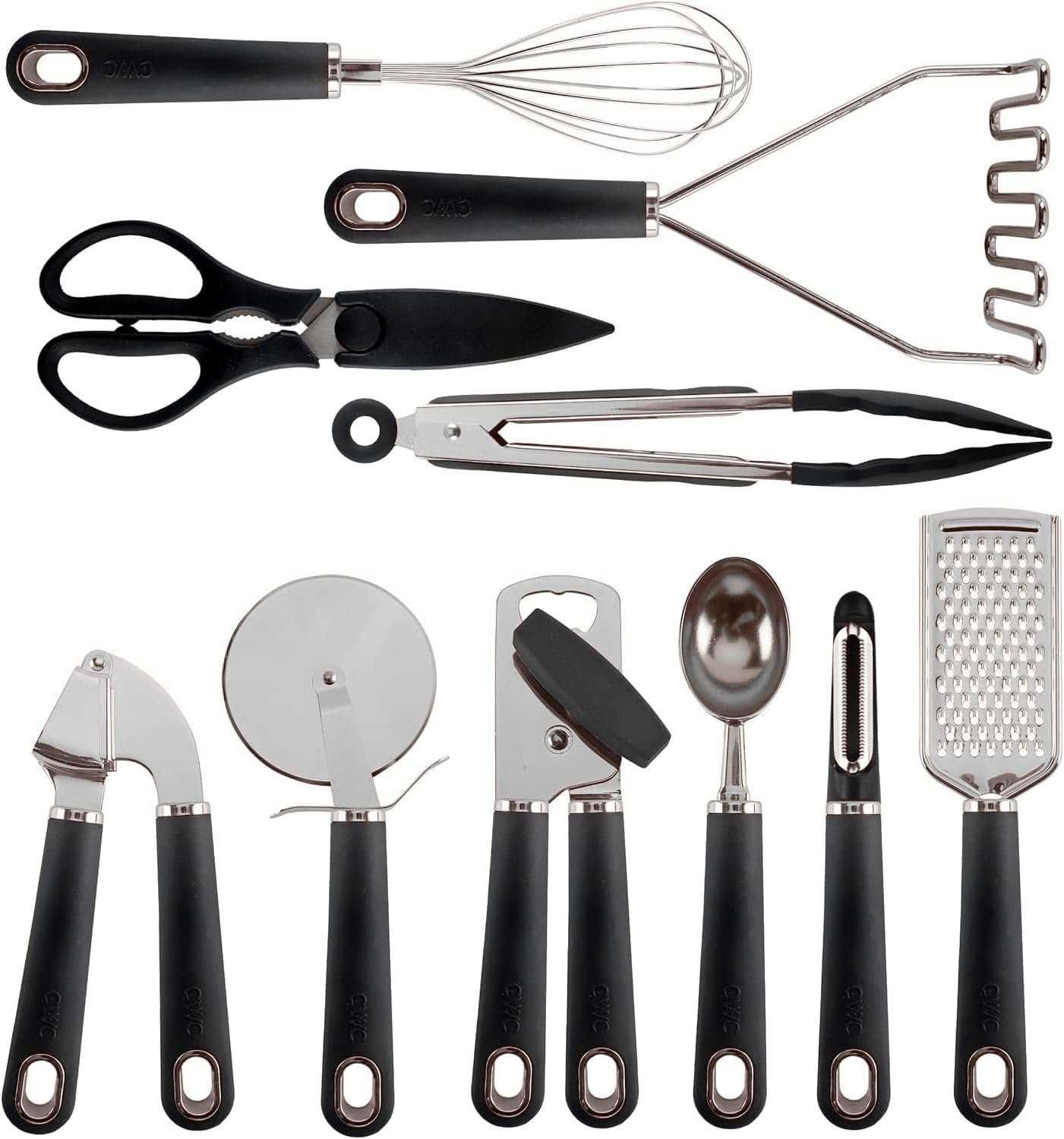 COOK WITH COLOR Kitchen Gadget Set Stainless Steel Utensils with Soft Touch Handles, 7 Pieces, Stainless Steel Black