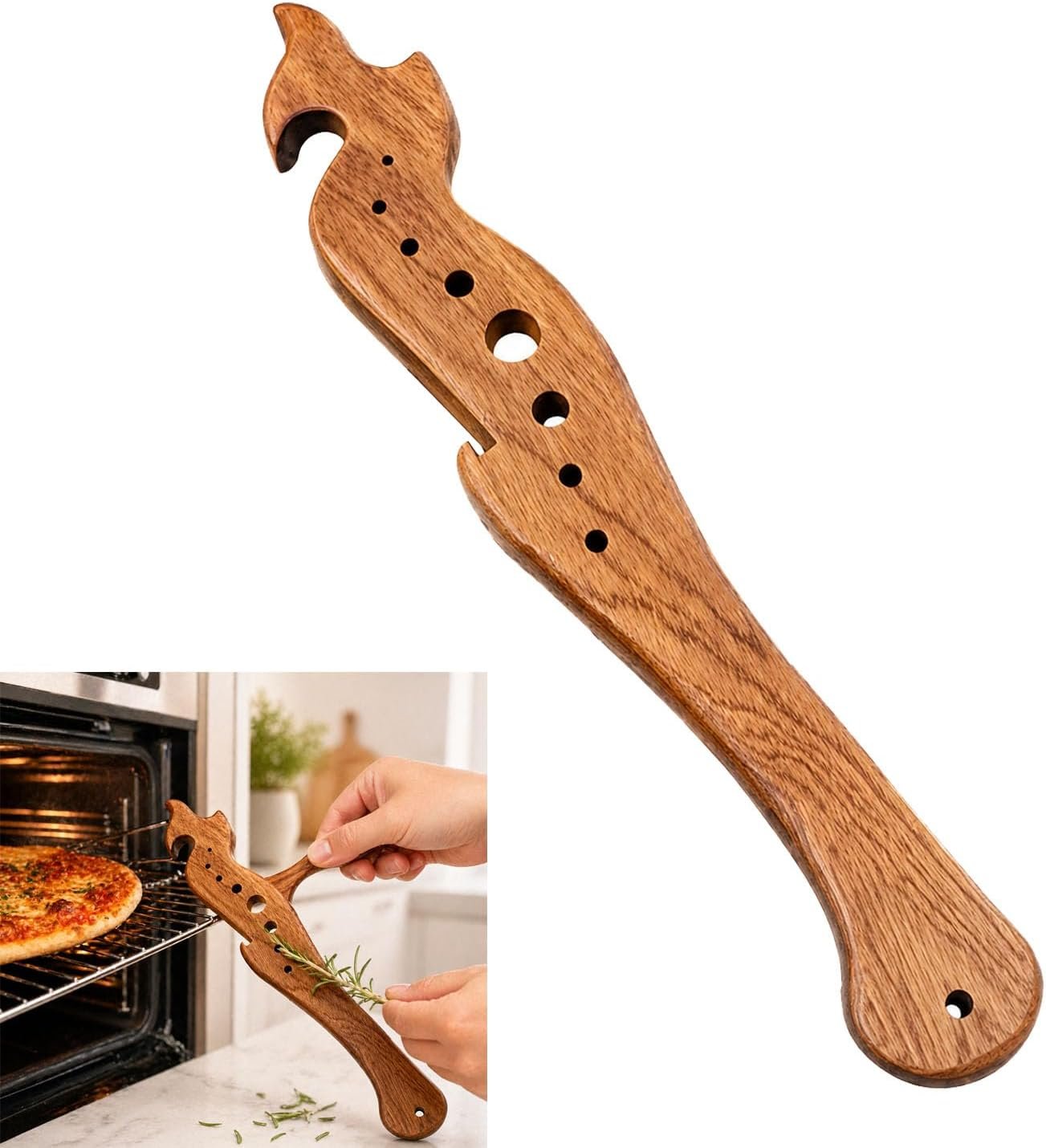 Oven Rack Puller and Pusher Tool, 3-in-1 Wooden Multi-Functional Kitchen Gadget with Herb Stripper & Bottle Opener, Pull Out Hot Racks Safely, for Toaster Ovens, Air Fryers, Baking
