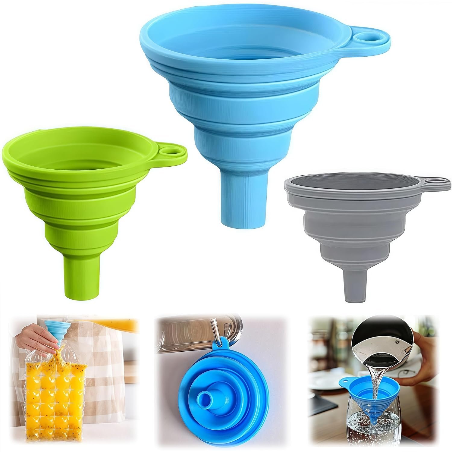 3 Size Kitchen Funnel Set, 2026 Upgraded Funnels for Kitchen Use Filling Bottles, Food Grade Silicone Collapsible Funnels for Filling Small Bottle Kitchen Gadgets (3 Pcs)